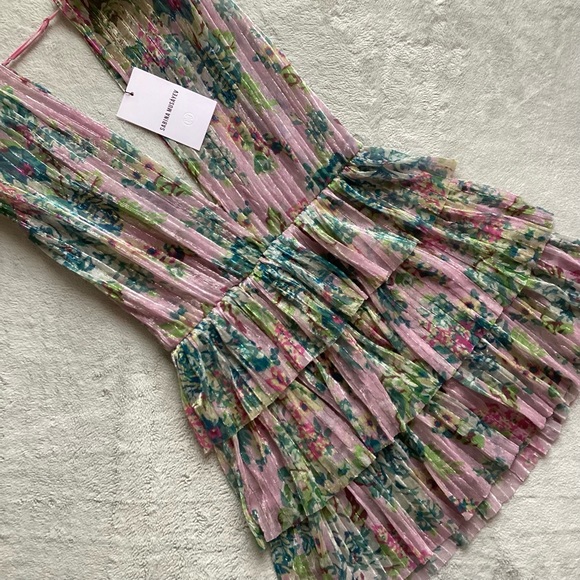 Sabina Musayev Dresses & Skirts - NWT Sabina Musayev Skylar Tiered Mini Dress Pink Floral Metallic Padded Shoulder